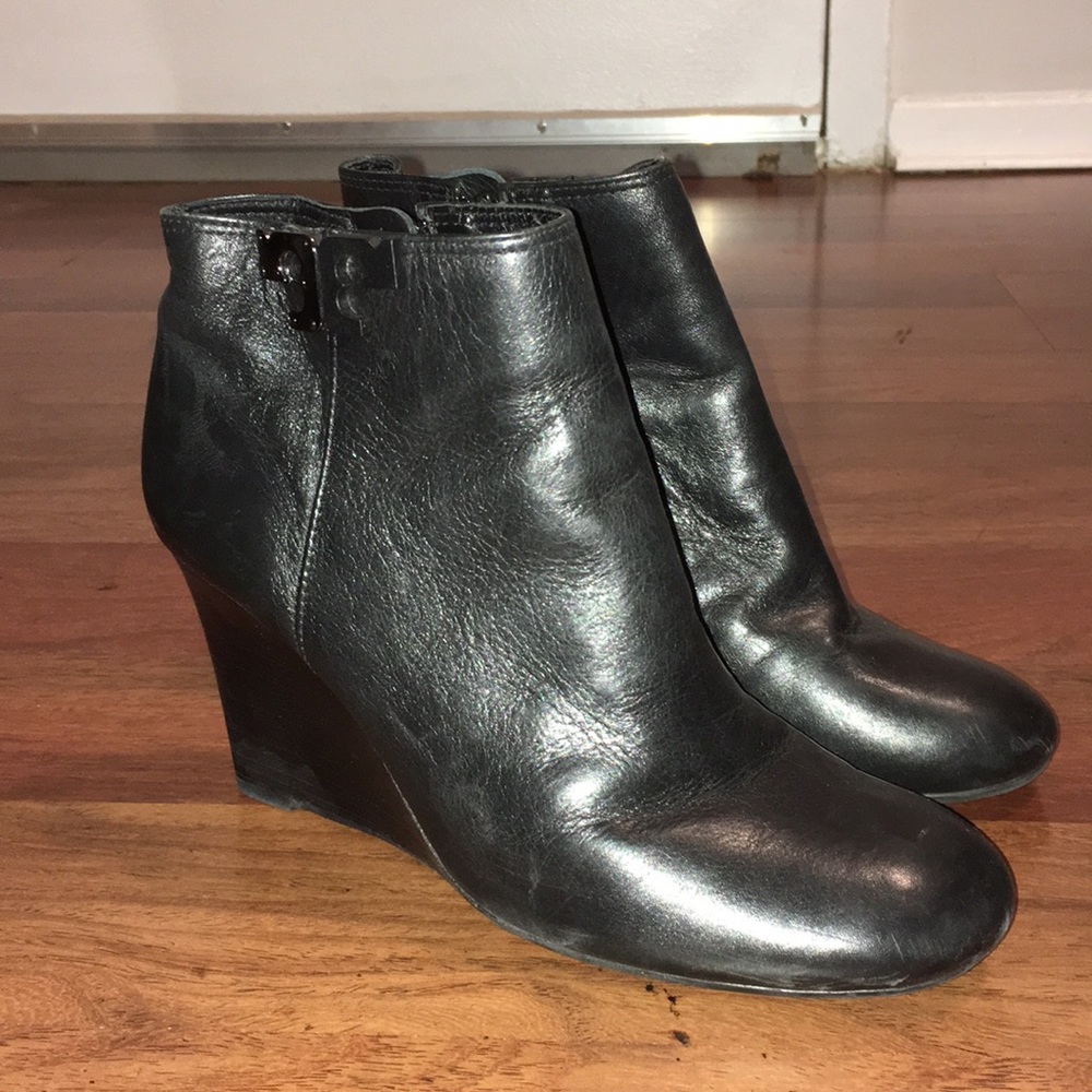 Tory Burch Black Leather Booties Wedges 6.5